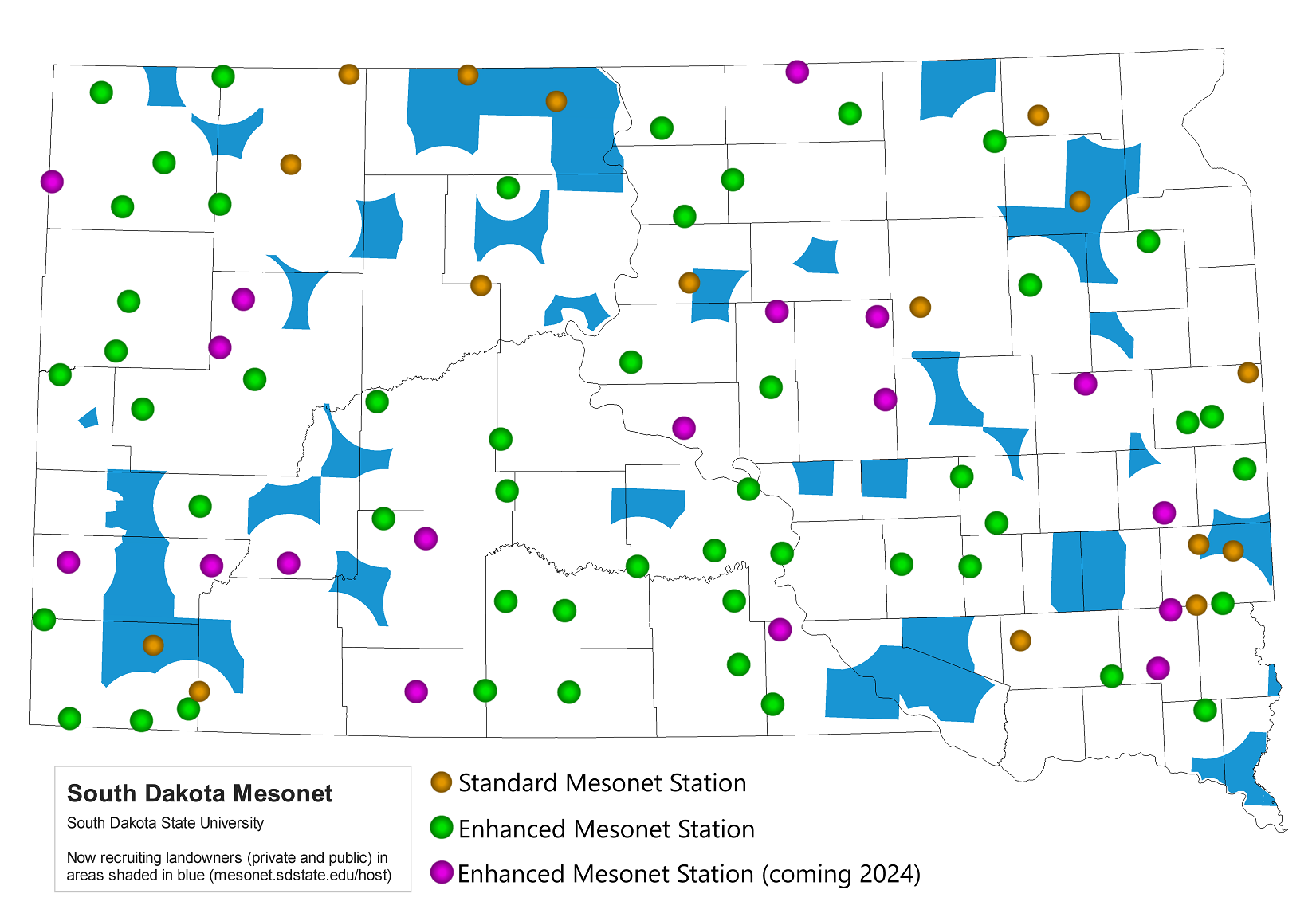 South Dakota map shaded to represent where the SD Mesonet is looking for landowners to host new stations.