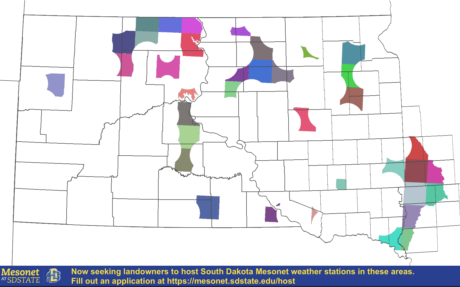 South Dakota map shaded to represent where the SD Mesonet is looking for landowners to host new stations.